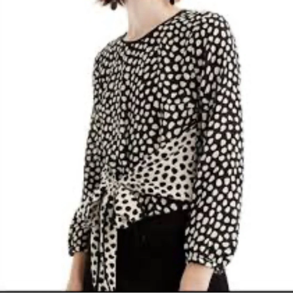 J. Crew Silk Black and Cream Pebble Print Polka Dot Blouse